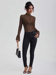 Blusa elegante y sexy de unicolor y transparente con mangas acampanadas de encaje, adecuada para invierno, Navidad y Año Nuevo