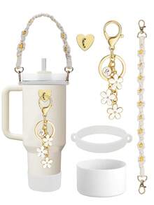 5 件/1 件硅胶保护套、防摔防刮硅胶套、防滑硅胶保护套、配套手工编织运动水壶带、心形自粘挂钩、花朵和 26 个字母吊坠标记、带肩带的瓶架、手工编织挂绳、硅胶支架、适合 8-40 盎司水瓶、耐用防撕裂、适合日常使用、家庭聚会、旅行和派对