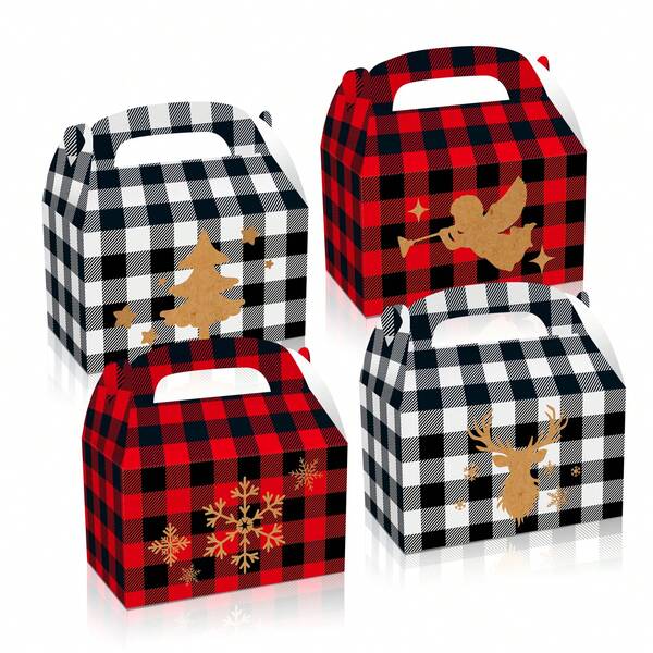 4 pièces Sacs cadeaux thème Flocons de neige et Rennes de Noël, design à carreaux rouges et blancs, rayures. Convient pour les fêtes, anniversaires, célébrations