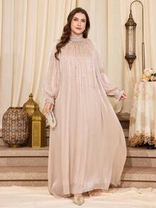 Vestido maxi elegante de manga larga con cuello alto, con volantes con cuentas y lentejuelas en unicolor para mujer de talla grande, adecuado para fiestas, compras, vacaciones y bodas de primavera para uso diario - Albaricoque - Ver 4