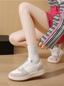 Net Surface Leather Upper Patchwork Dad ShoesWomen's Fashion Casual Sneakers - Breathable & Comfortable, Low-Top Lace-Up Running Shoes With Striped Design, Versatile For All Seasons, Available In White/Green, Light Pink/Blue, Black/White, And Dark Blue/Blackbasket Femmechaussure Femmebaskets Femmes - Khaki - View 8