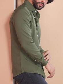Men's Slim Fit Long Sleeve Dress Shirt - Army Green - View 2
