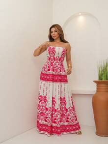 ARCO IRIS Long Strapless Dress In Plain Viscose, Printed, Barrato 36-42 With Lastex, Casual, Elegant, Feminine For Versatile And Comfortable Looks - B/PINK - 查看 4