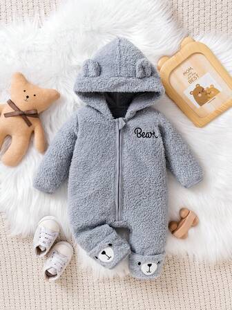 Cute & Fashionable Bear Design Hooded Romper, Long Sleeve Jumpsuit For Baby Boys, Autumn/Winter