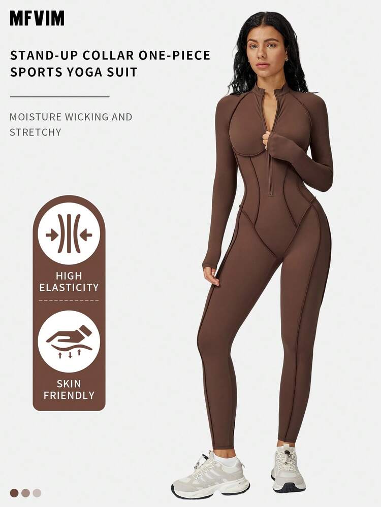 MFVIM Women's Long Sleeve Jumpsuit, Half Zip Design, Tight Fit Sexy Activewear, High Intensity Workout Yoga Outfit - Chocolate Brown - View 2