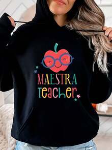 Women's Hoodie Women's Apple With Glasses Maestra Teacher Print Casual School Teacher Gift Sweatshirt For Women 550g - màu đen - Xem 1