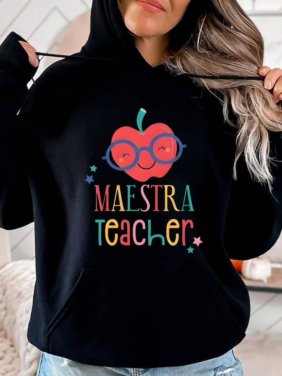 Women's Hoodie Women's Apple With Glasses Maestra Teacher Print Casual School Teacher Gift Sweatshirt For Women 550g - màu đen - Xem 1