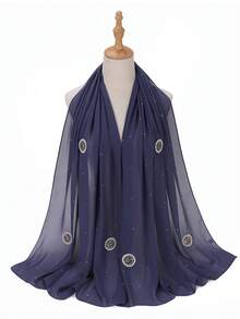 1 pièce Hijab en mousseline de soie musulman luxueux décoré de perles et de strass (couleur des strass aléatoire)