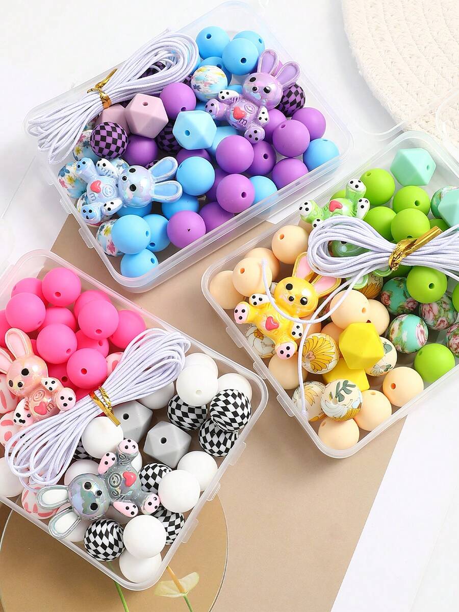 51 Pcs Acrylic 3D Cute Rabbit Shape And Colorful Silicone Bead Set - Comes With A Box And Rope, Shiny Round Beads, Suitable For DIY Set Making Such As Jewelry Accessories, Bag Chains, Beaded Pens And Key Chains. - 51pcs-Green Rabbit - 查看 1