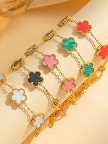 1pc Stainless Steel 5-Leaf Clover Elegant Bracelet, Versatile For Women To Wear Daily, Dates, Parties - Gold Clover Bracelet - View 7