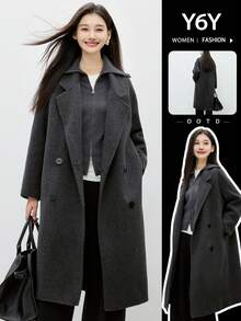 [Y6Y] 女士优雅长袖开襟双排扣加厚风衣，适合秋冬季穿着 - 深灰色 - 查看 1