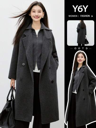  [Y6Y] 女士优雅长袖开襟双排扣加厚风衣，适合秋冬季穿着