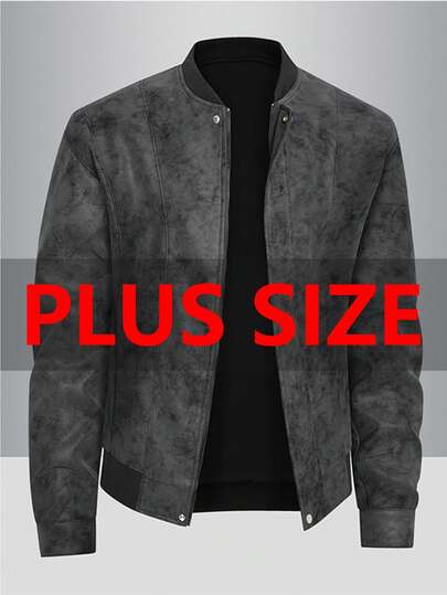 Plus Size Men's Faux Leather PU Jacket, Fashionable American Vintage Style Bomber Jacket, Baseball Collar High-End Plus Size Jacket Outerwear