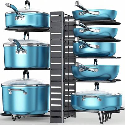 Pots And Pans Organizer For Cabinet, ORDORA 8 Tier Pot Rack With 3 DIY Methods, Adjustable Pan Organizer Rack For Cabinet, Pot Organizer For Kitchen Organization & Storage, Pot Lid Organizer2025
