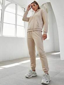 Conjunto de Sudadera con Capucha para Mujer - Ropa Casual y Deportiva, Tejido Cómodo y Transpirable, Diseño Práctico con Bolsillos y Cuerdas Ajustables, Estilo Minimalista y Versátil, Ideal para Varios Escenarios de Uso, Silueta Elegante y Moderna. - Albaricoque 1 - Ver 4