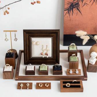 1pc Walnut Square Ring Stand - Ideal For Vanity Counter & Boutique Display
