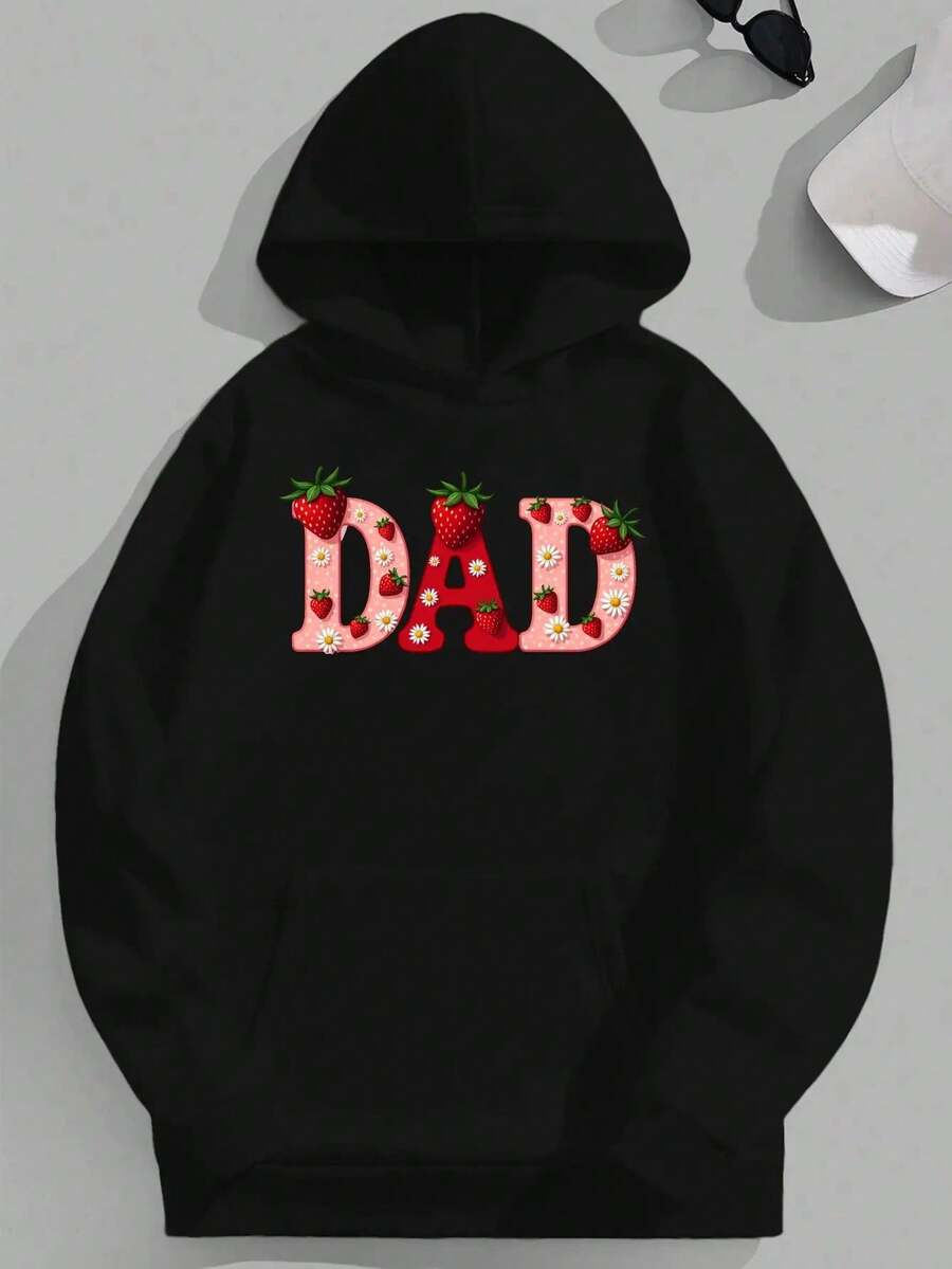 Men's Hooded Sweatshirt With DAD Design And Strawberry And Lily Pattern - Black - View 1