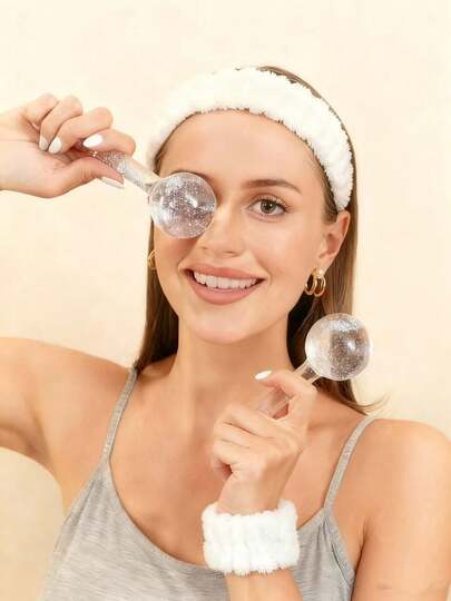 Facial Ice Roller & Eye Massager Ball, 2-In-1 Cooling Cryo Globe Set With Plush Headband & Wrist Strap For Depuffing, Lymphatic Drainage, And Soothing Skin