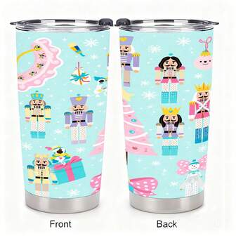 20 OZ Perfect Size Nutcracker Christmas Tumbler With Festive Design - Colorful Nutcracker Figures, Pink Tree, Gifts, Bows, Snowflakes - Keeps Drinks Cold 12H Hot 8H - Black Flip-Top Lid, Clea