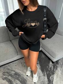 Sudadera mujer básica negra gráfico de corazón  estampado de leopardo, love letras sencillas, casual cómoda manga larga - Negro - Ver 1