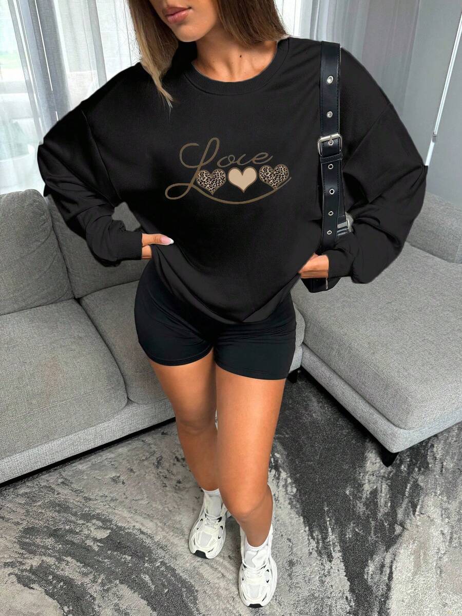 Sudadera mujer básica negra gráfico de corazón estampado de leopardo, love letras sencillas, casual cómoda manga larga - Negro - Ver 1