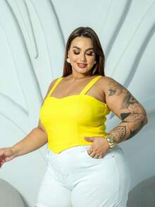 PLUS SIZE BENGALINE CROPPED TOP WITH STRAPS AND POINT DETAIL - 黃色 - 查看 3