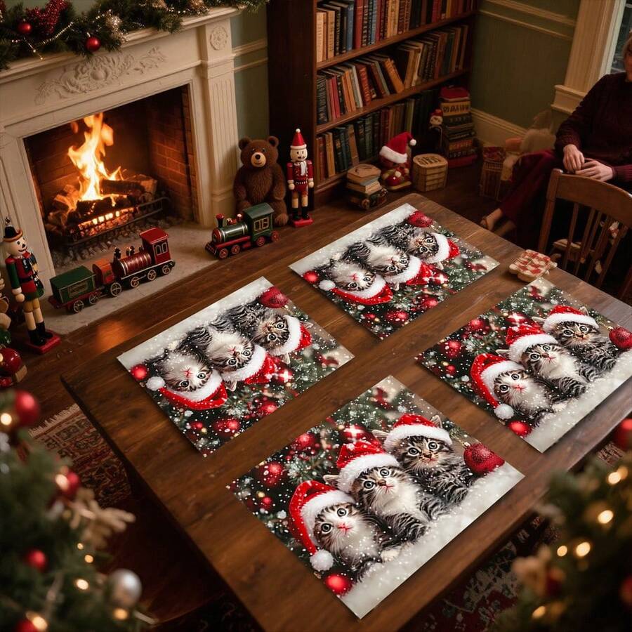 1 Stück/4-teiliges/6-teiliges Geschirrset mit Weihnachtskatzen- und Weihnachtsbaum-Motiv, wärmeisolierend, maschinenwaschbar, aus Polyester, schützend, als zentrales Dekorationselement, für den täglichen Gebrauch im Wohnzimmer, geeignet für gesellige Zusammenkünfte - Verschiedenfarbig - Übersicht 1