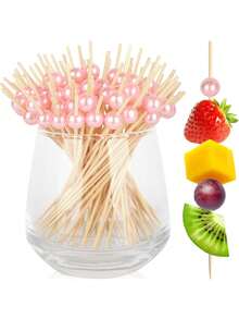 100 piezas Pinchos desechables de fruta con perlas rosas, adecuados para postres de fiesta, pasteles, bebidas, bandejas de aperitivos, sándwiches, frutas, suministros para fiestas navideñas, regalos navideños - Multicolor - Ver 8