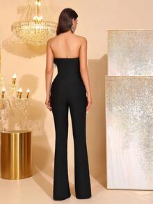 Mono de trompeta con hombro descubierto y espalda descubierta, de ajuste ceñido, con plumas falsas negras, nuevo y sexy, para mujer, para ocasiones casuales, vacaciones, fiestas de cumpleaños - Negro - Ver 6