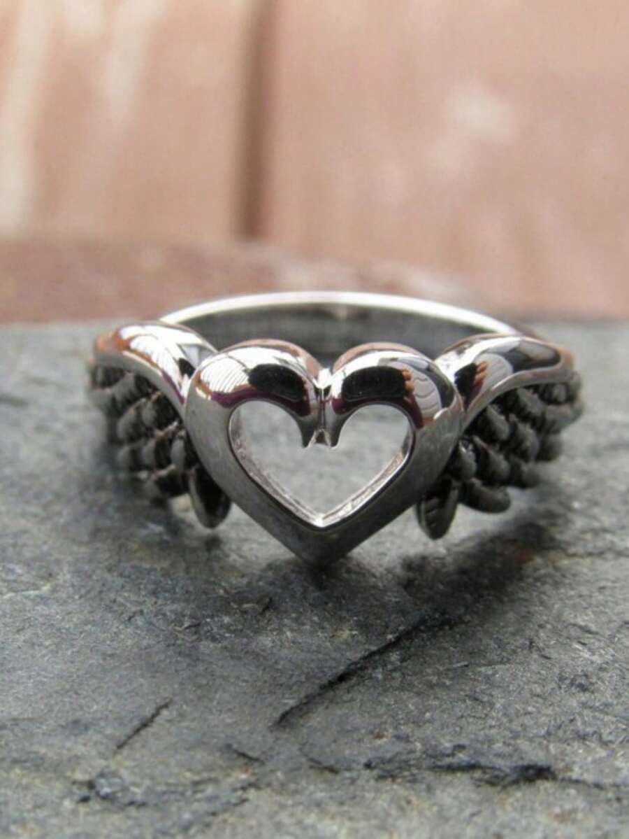 Elegant Vintage Bohemian Heart Angel Wing Promise Ring For Women, Romantic Copper Ring, Suitable For Valentine's Day, Halloween, Christmas Party Gift - Silvery - View 1