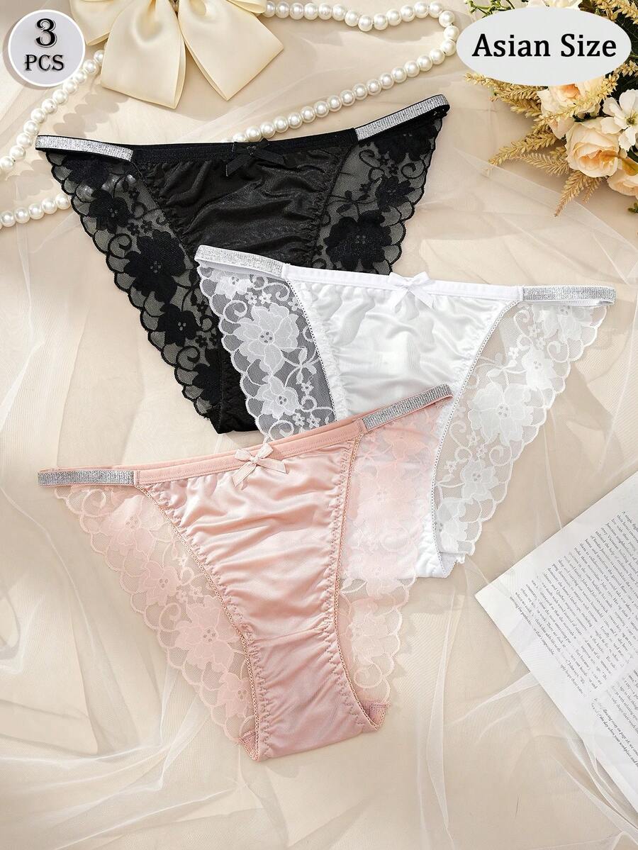 3Pcs Women's Romantic Sexy Lace Fashion Minimalist Comfortable Panties - Multicolor - View 1