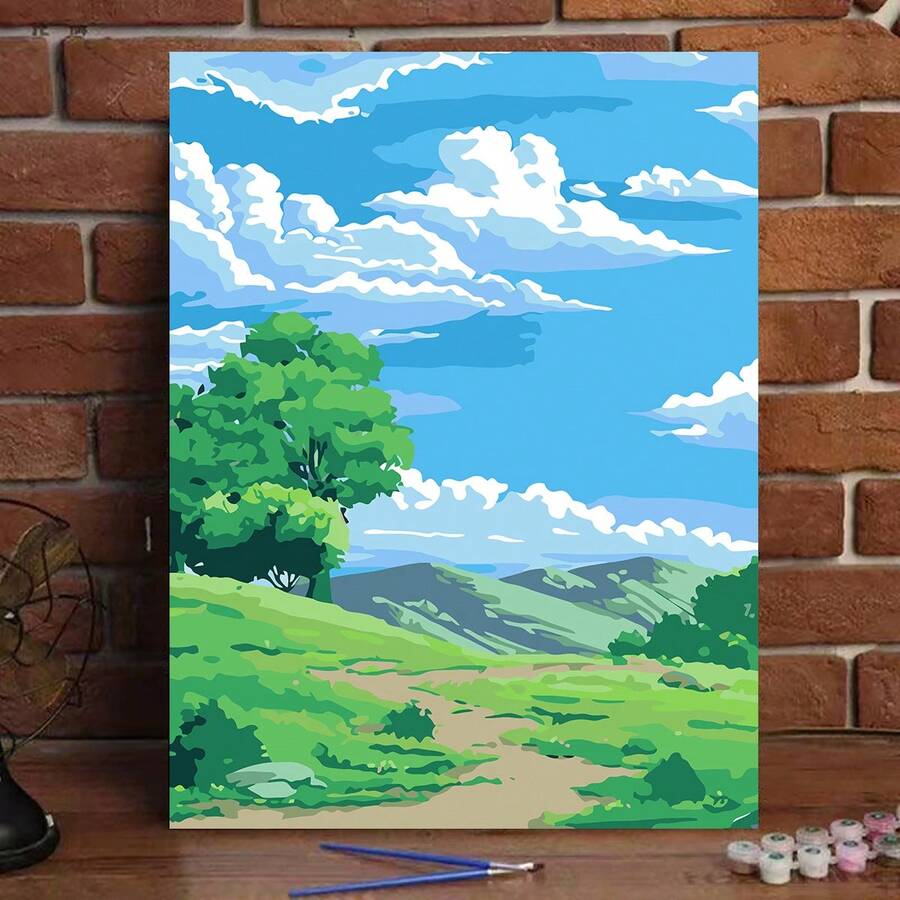 1 Set Blue Plant Landscape Stylish DIY Digital Oil Painting Kit, Minimalist & Beautiful, Simple & Fun Adult Digital Oil Painting, Holiday Gift, Home Handmade Oil Painting, Wall Decor - Multicolor - View 1