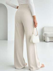 Elegant Women's Long Straight Leg Polyester Pants Featuring Draped Design Button Closure And Pockets - Khaki - View 6