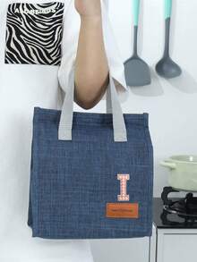 1pc Pearl Letter Pattern Canvas Tote Bag, Simple English Letter Solid Color DIY Handheld Insulated Lunch Bag, Lunch Box Bag, Thermal Lunch Bag, Large Capacity Insulated Lunch Tote Bag For Students, Office Workers, Waterproof, Oil-Proof - Multicolor - View 66