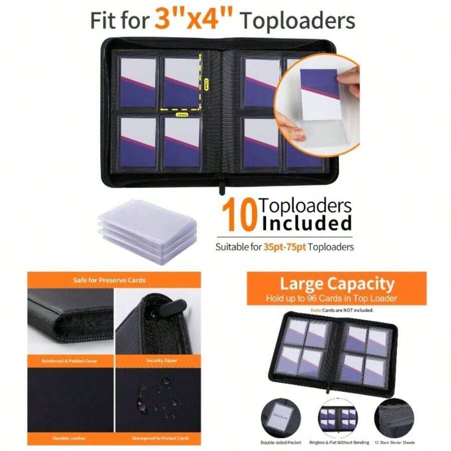 Top Loader Binder 4 Pocket Holds 96 Cards, Binder Fit 3x 4 Top Loader, Trading Card Holder Album Fit MTG, TCG, Sports Cards, 10 S Included, Pink - 4 Túi - 96 Khe - Đen - Xem 1