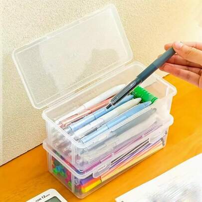 Large-Capacity Pencil Box, Transparent Storage Case For Oil Pastels/Colored Pencils/Watercolor Markers, Durable Plastic Organizer With Clear Design For Students, Artists & Office Supplies, Secure Snap-Lid Closure, Essential School Stationery