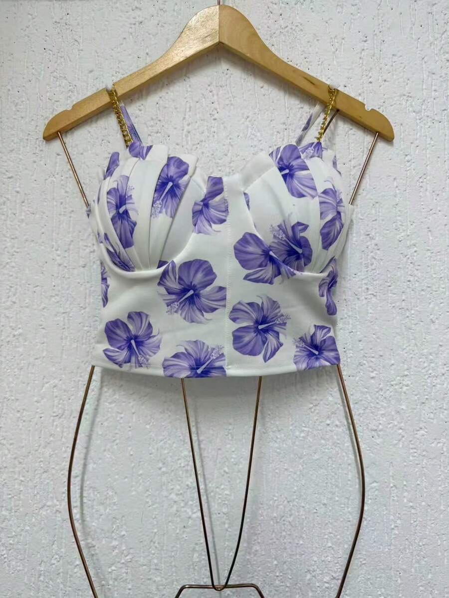 Cropped Top Blouse Thin Strap Chain With Mermaid Cup Fashion Blogger Retro Summer Party Beach Neoprene Suplex Strappy - 多元薰衣草 - 查看 1