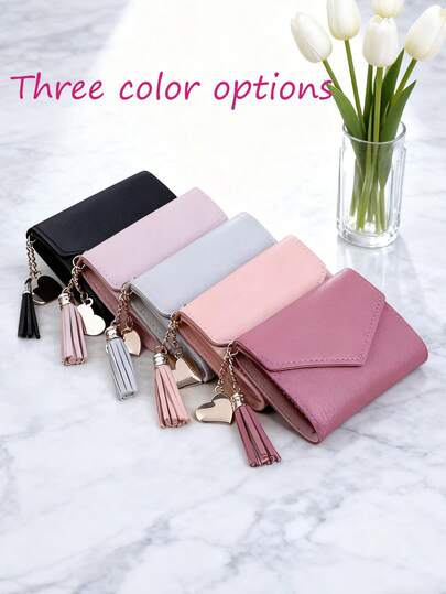 Fashionable & Cute Tassel Decorated Wallet, Faux Leather Multi-Function Wallet, Women's Short Wallet, Coin & Card Holder Gift, Suitable For Valentine's Day, Back To School, Mother's Day Gifts, Can Be Placed In Ladies Handbag