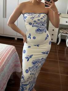 Women's Strapless Midi Dress Tropical Summer - Blue - View 3