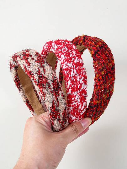 قطعة واحدة من شريط الرأس المصنوع من التويد للفتيات، شريط شعر عريض مصنوع من الغزل السميك بطراز قديم بلون أحمر، إكسسوارات شعر مناسبة للاستخدام اليومي والحفلات والعطلات