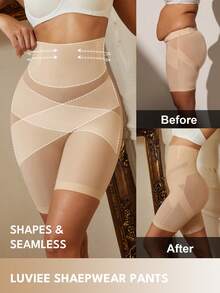 1件装女士高腰交叉收腹无缝塑形短裤，平坦小腹收腹紧身裤，塑身内衣 - 杏色 - 查看 3