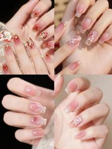 刺绣花卉美甲贴纸，红色粉色橙色桃花自粘指甲贴纸贴花，闪亮金色美甲贴纸高品质 - 彩色 - 查看 5