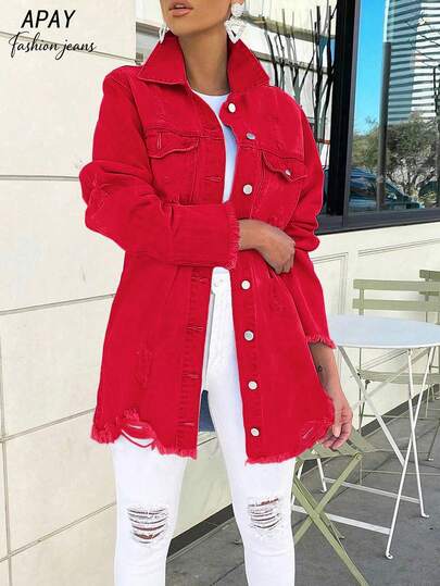 Women's Red Distressed Fringe Denim Jacket - Loose-Fitted Casual Coat, Versatile Stylish Top For Everyday Streetwear Outings