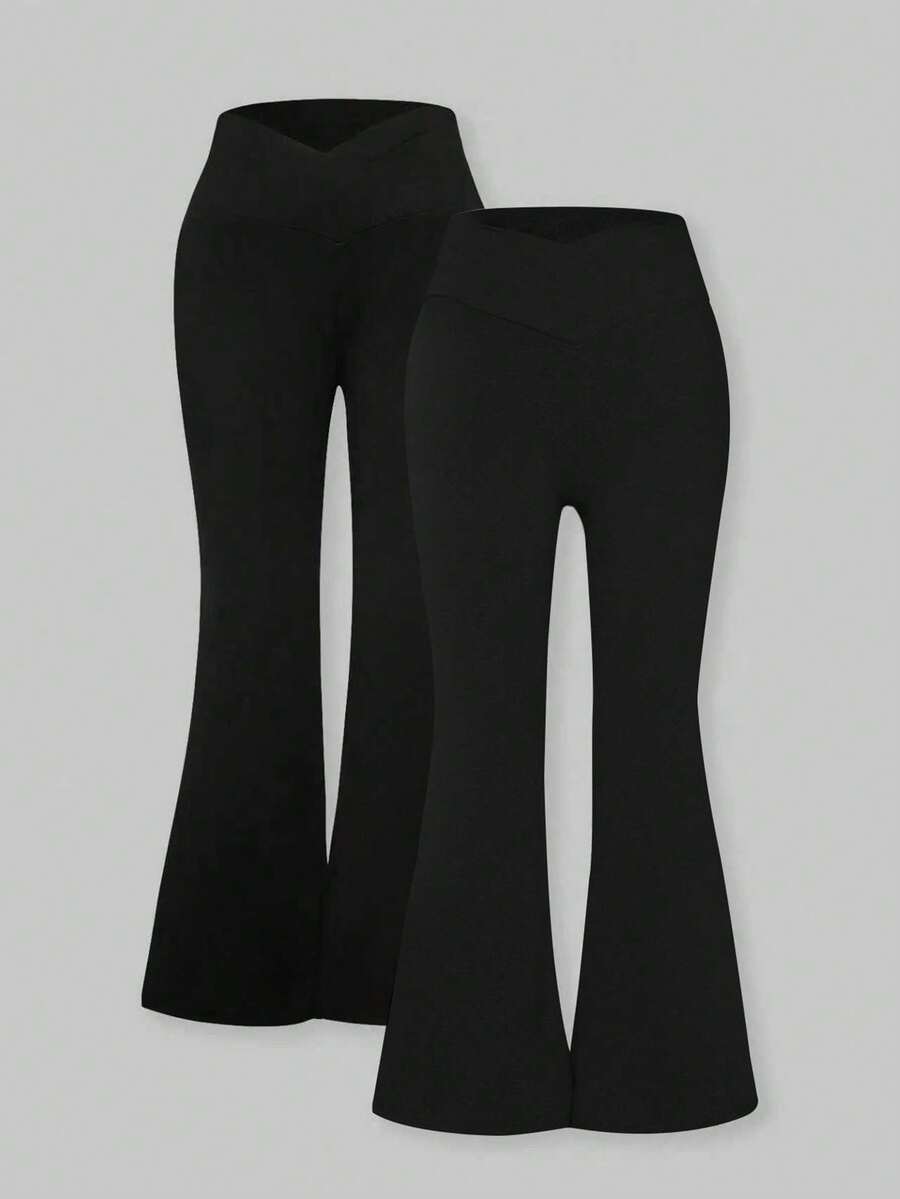 2条装女童纯色休闲高腰裤，舒适透气 - 黑色 - 查看 1