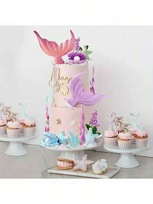 17pcs Mermaid Tail Cake Decorations, Ocean Series Cake Decorations, Fantasy Mermaid Tail Cake Decoration Accessories, Seaweed Coral Shell Starfish Cake Inserts, Suitable For Baptism Cake Decorations, Birthday Cake Decorations, Babyshower Party Cake Decorations, Mermaid Theme Cake Decoration Party Supplies (Soft Rubber Material, Reusable)