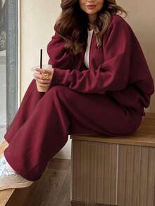 GAOVOT Bộ đồ nữ áo nỉ hai mảnh thu/đông thường ngày đi làm thường ngày đi chơi phố cổ đứng áo khoác cardigan và quần ống rộng ống đứng rộng rãi - Màu Đỏ Sâu - Xem 4