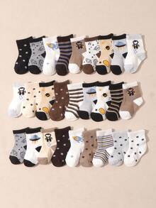 10 Pairs Baby Boys' Solid Color & Random Pattern Casual Mid-Calf Socks, Autumn/Winter