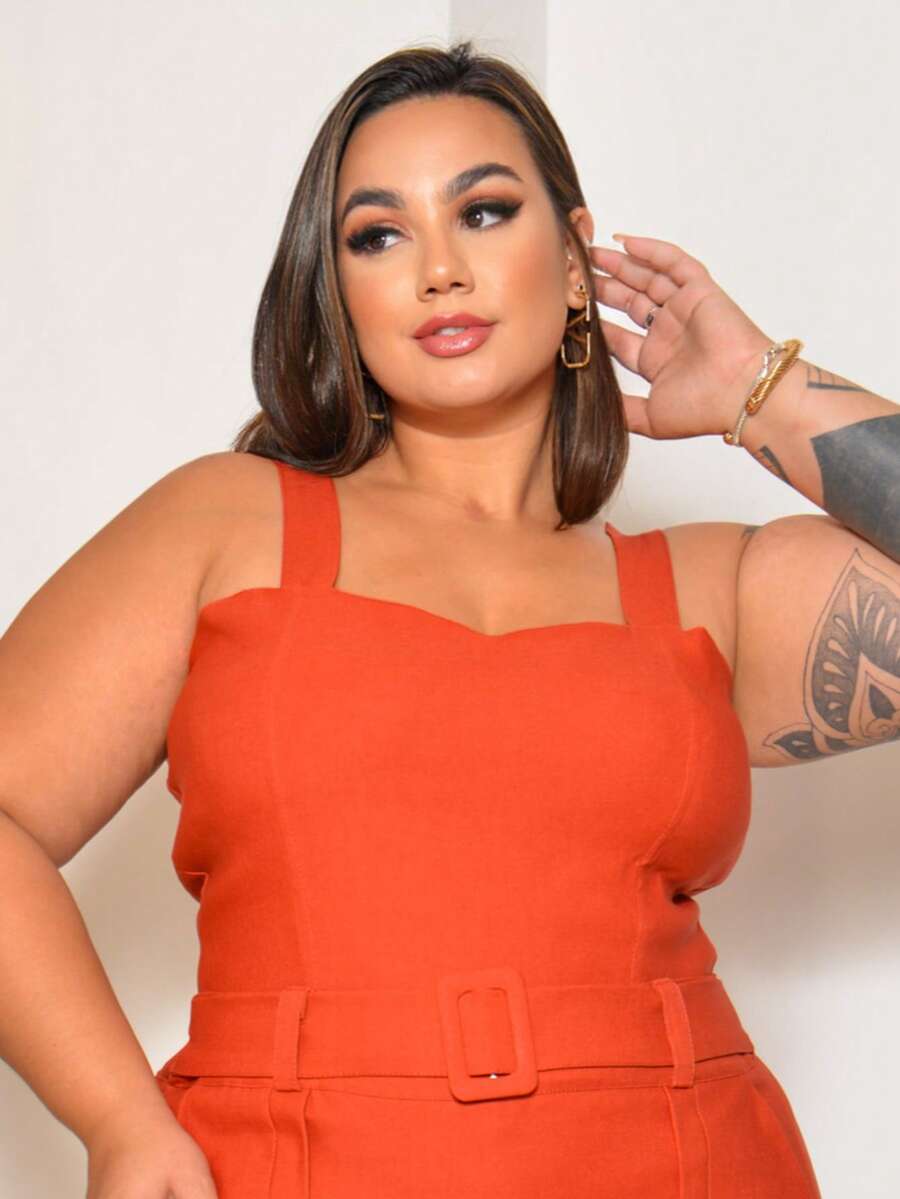 PLUS SIZE BENGALINE CROPPED TOP WITH STRAP AND POINT DETAIL - 亮橙色 - 查看 1