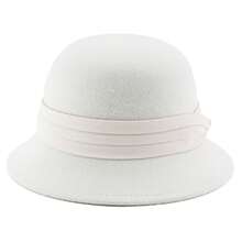 Sombrero cloche elegante de lana para mujer con banda blanca y adornos, gorra estilo pescador vintage para bodas y fiestas. - Blanco - Ver 8