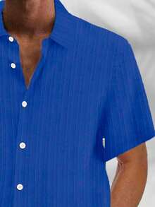 Plus Size Men's Casual Basic Ribbed Lightweight Breathable Fabric Button-Down Short Sleeve Polo Shirt - Blue - View 3